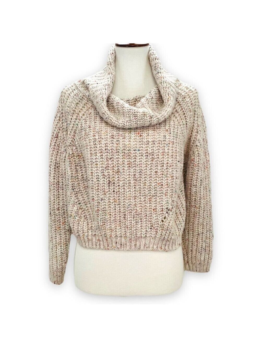 Moon & Madison Beige and Speckled Cowl Neck Cropped Chunky Knit Sweater